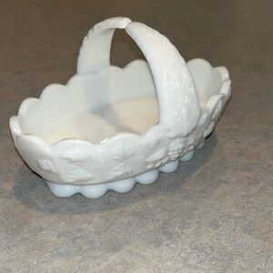 Small vintage milk, glass trinket basket. Leaf and grape pattern.